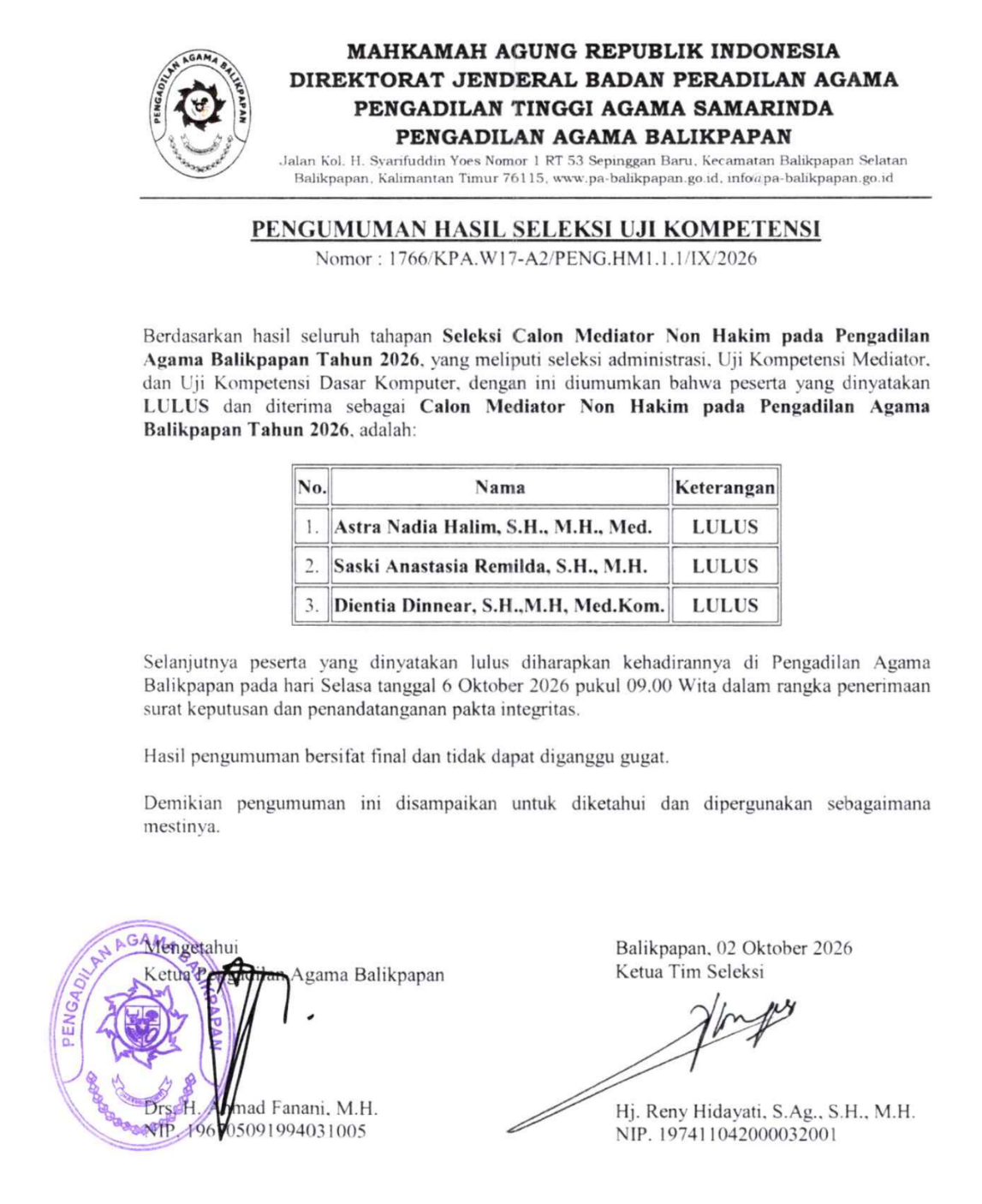 PENGUMUMAN MEDIATOR